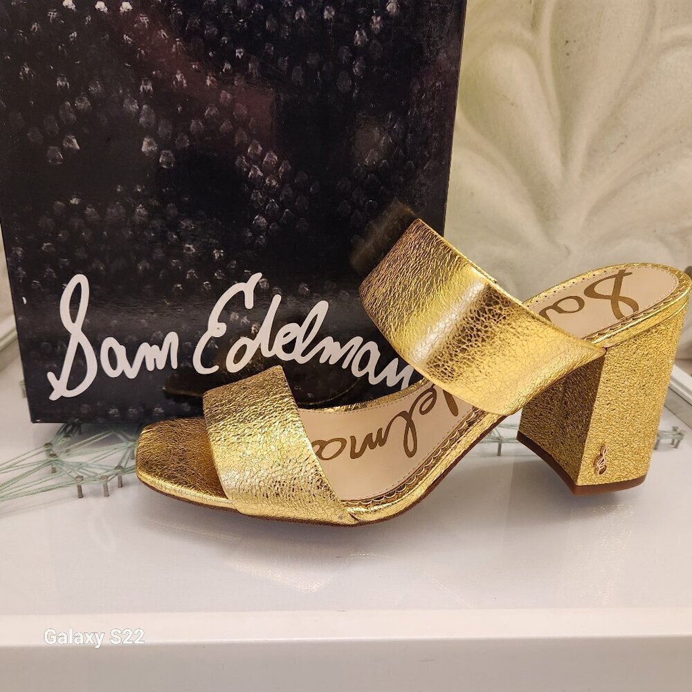 Sam Edelman Gold Leather "Delaney" Block Heeled Sandals. NIB. Various